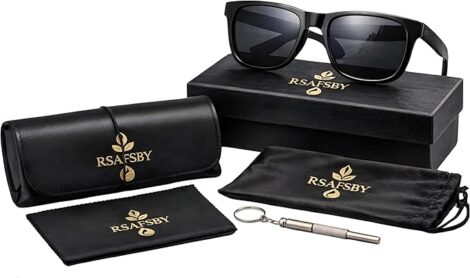 Polarised Sunglasses with UV400 Protection, Black Frame, Anti Glare Driving Glasses for Men and Women with Case, Cleaning Cloth and Keychain